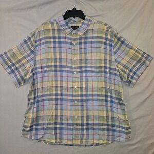 Pendleton Button Down XXL Mens Blue Yellow Plaid Linen Blend Short Sleeve Shirt